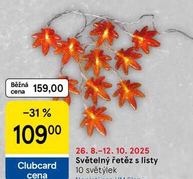 Světelný řetěz s listy 10 světýlek 