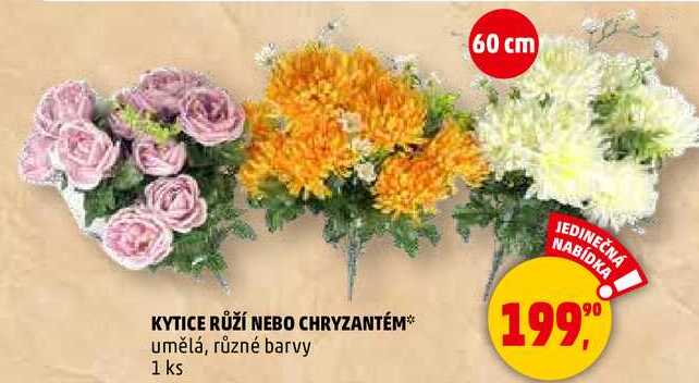 KYTICE RŮŽÍ NEBO CHRYZANTÉM umělá, různé barvy, 1 ks 