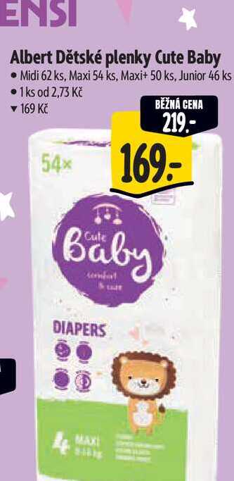  Albert Dětské plenky Cute Baby  Midi 62 ks, Maxi 54 ks, Maxi+ 50 ks, Junior 46 ks  