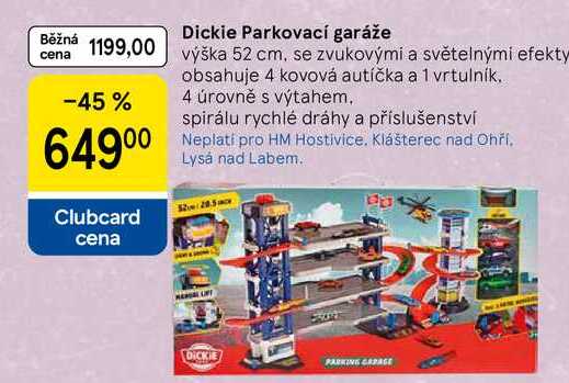 Dickie Parkovací garáže výška 52 cm, se zvukovými a světelnými efekty obsahuje 4 kovová autíčka a 1 vrtulník. 4 úrovně s výtahem. spirálu rychlé dráhy a příslušenství