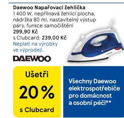 Daewoo Napařovací žehlička, 1400 W, nepřilnavá žehlicí plocha, nádržka 80 ml. nastavitelný výstup páry, funkce samočištění  