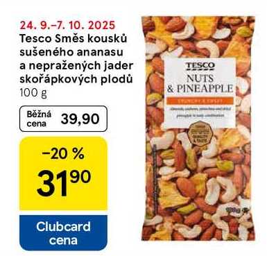 Tesco Směs kousků sušeného ananasu a nepražených jader skořápkových plodů, 100 g 