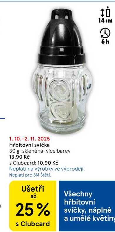 Hřbitovní svíčka, 30 g, skleněná, více barev  