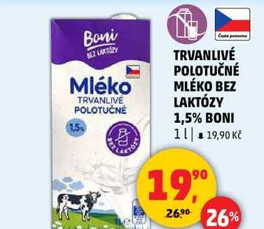 TRVANLIVÉ POLOTUČNÉ MLÉKO BEZ LAKTÓZY 1,5% BONI, 1 l
