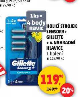 HOLICÍ STROJEK SENSOR3+ GILLETTE +4 NÁHRADNÍ HLAVICE, 1 balení