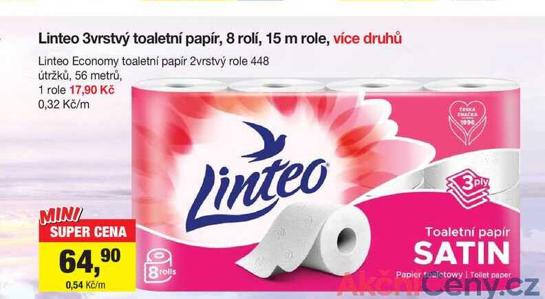 Linteo Economy toaletní papír 2vrstvý role 448 útržků, 56 metrů, 1 role
