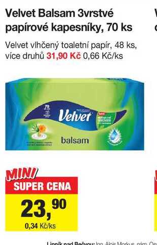Velvet Balsam 3vrstvé papírové kapesníky, 70 ks