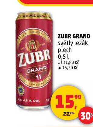 ZUBR GRAND světlý ležák plech, 0,5 l