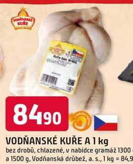 VODŇANSKÉ KUŘE A 1 kg bez drobů, chlazené, v nabídce gramáž 1300 a 1500 g