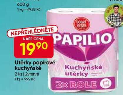 PAPILIO Utěrky papírové kuchyňské 2 ks, 2vrstvé 