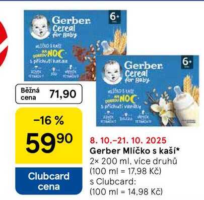 Gerber Mlíčko s kaší, 2× 200 ml, více druhů 