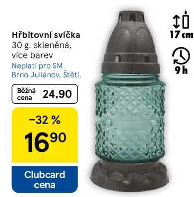 Hřbitovní svíčka, 30 g. skleněná, více barev 