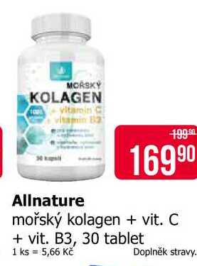 Allnature mořský kolagen + vit. C + vit. B3, 30 tablet