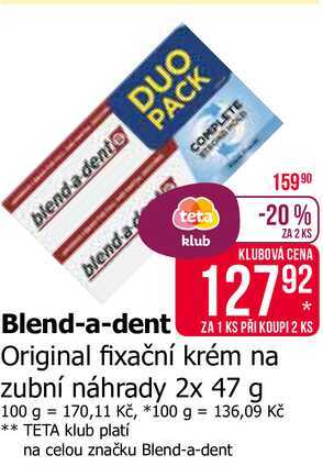 Blend-A-Dent Natural fixační krém na zubní náhradu extra silný 2x47g