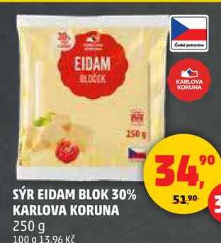 SÝR EIDAM BLOK 30% KARLOVA KORUNA, 250 g