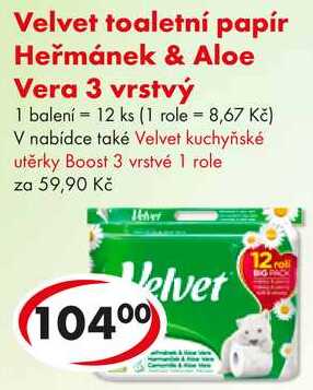 Velvet toaletní papír Heřmánek & Aloe Vera 3 vrstvý, 12 ks  