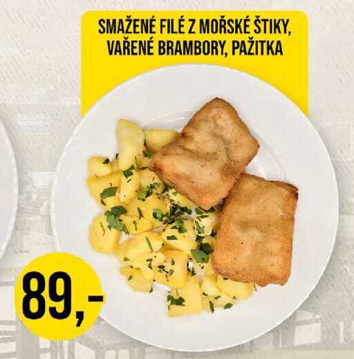 SMAŽENÉ FILÉ Z MOŘSKÉ ŠTIKY, VAŘENÉ BRAMBORY, PAŽITKA 1 porce
