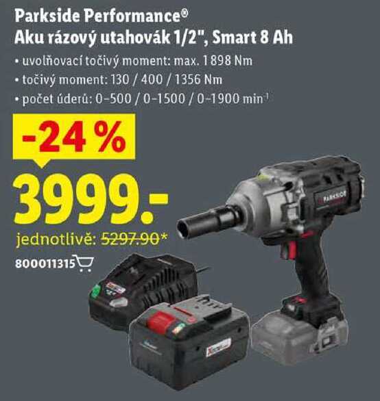 Parkside Performance Aku rázový utahovák 1/2", Smart 8 Ah 