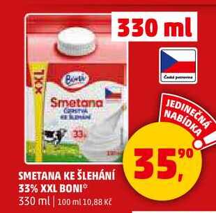 SMETANA KE ŠLEHÁNÍ 33% XXL BONI, 330 ml 