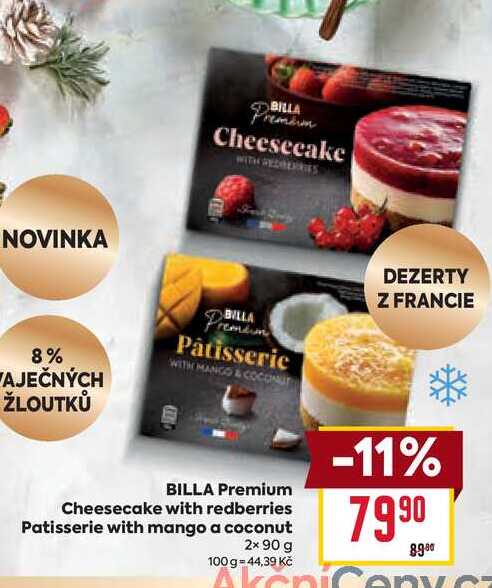 BILLA Premium Cheesecake with redberries Patisserie with mango a coconut 2x 90 g 