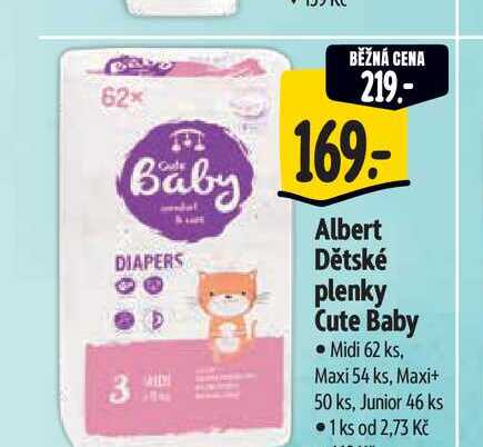   Albert Dětské plenky Cute Baby  Midi 62 ks, Maxi 54 ks, Maxi+ 50 ks, Junior 46 ks  