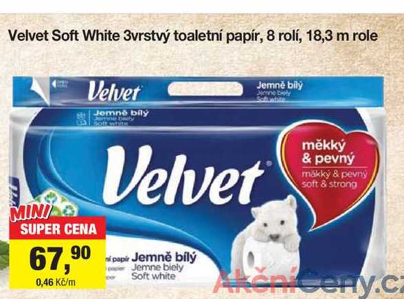 Velvet Soft White 3vrstvý toaletní papír, 8 rolí