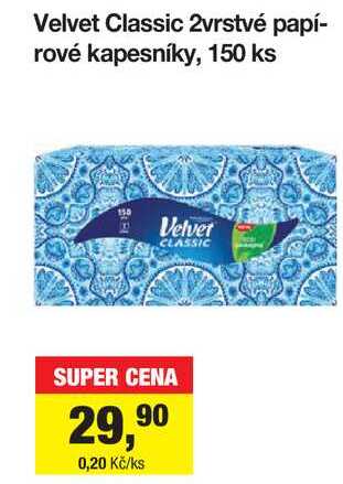 Velvet Classic 2vrstvé papírové kapesníky, 150 ks
