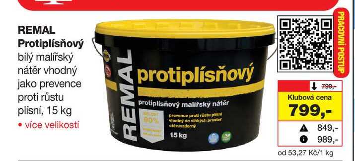 REMAL Protiplísňový bílý malířský nátĕr vhodný jako prevence proti růstu plísní, 15 kg