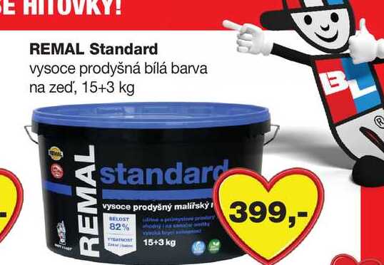 REMAL Standard vysoce prodyšná bílá barva na zeď, 15+3 kg