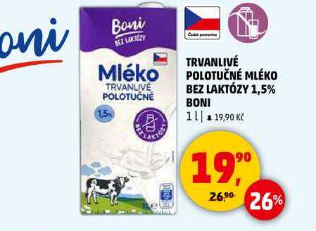 TRVANLIVÉ POLOTUČNÉ MLÉKO BEZ LAKTÓZY 1,5% BONI, 1 l