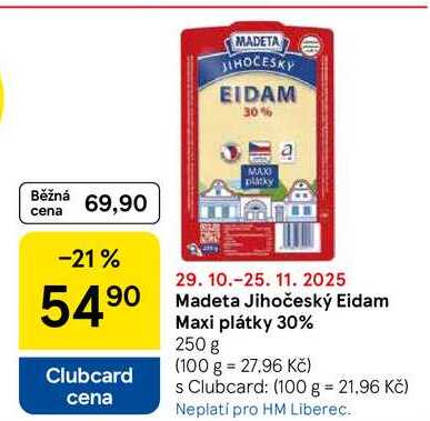 Madeta Jihočeský Eidam Maxi plátky 30%, 250 g