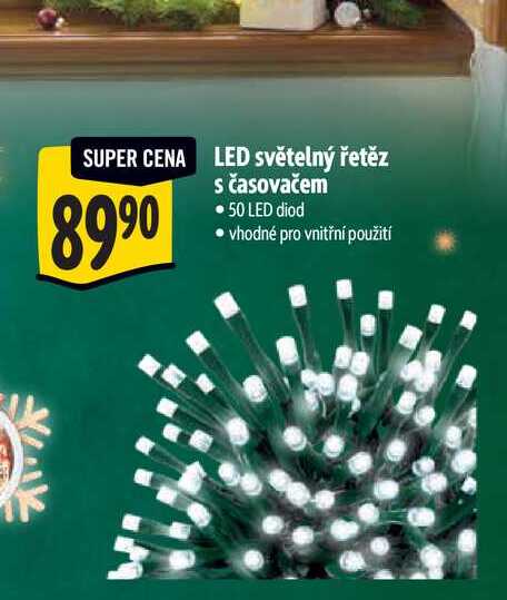LED světelný řetěz  s časovačem - 50 LED diod vhodné pro vnitřní použití