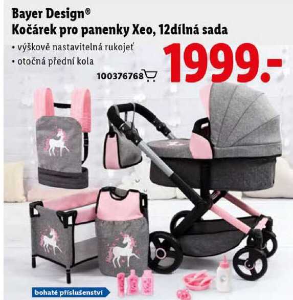 Bayer Design Kočárek pro panenky Xeo, 12dílná sada