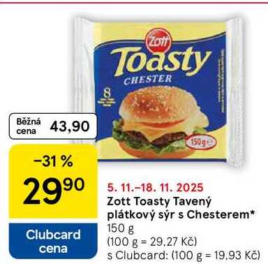 Zott Toasty Tavený plátkový sýr s Chesterem, 150 g