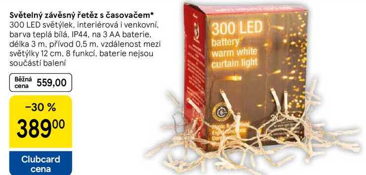 Světelný závěsný řetěz s časovačem, 300 LED světýlek, interiérová i venkovní. barva teplá bílá, IP44. na 3 AA baterie, délka 3 m. přívod 0,5 m. vzdálenost mezi světýlky 12 cm. 8 funkcí, baterie nejsou součástí balení