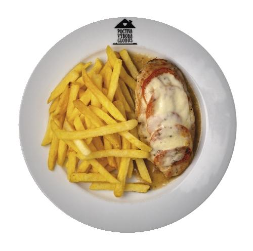 Kuřecí plátek s rajčaty a mozzarellou s hranolky
