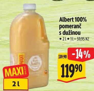 Albert 100% pomeranč s dužinou, 2 l