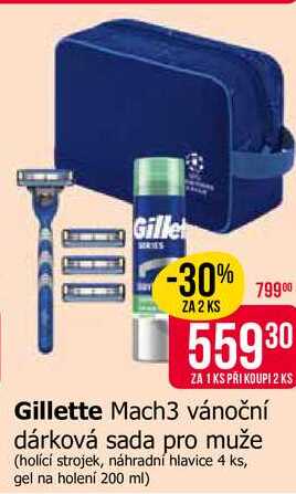 Gillette Mach3 vánoční dárková sada pro muže (holící strojek, náhradní hlavice 4 ks, gel na holení 200 ml)