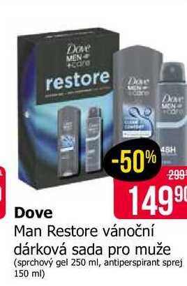 Dove Man Restore vánoční dárková sada pro muže (sprchový gel 250 ml, antiperspirant sprej 150 ml)