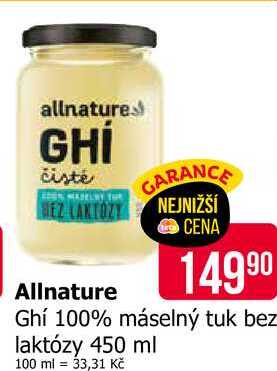 Allnature Ghí 100% máselný tuk bez laktózy 450 ml