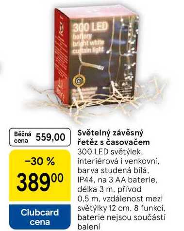 Světelný závěsný řetěz s časovačem, 300 LED světýlek. interiérová i venkovní. barva studená bílá. IP44, na 3 AA baterie. délka 3 m. přívod 0.5 m. vzdálenost mezi světýlky 12 cm. 8 funkci. baterie nejsou součástí balení