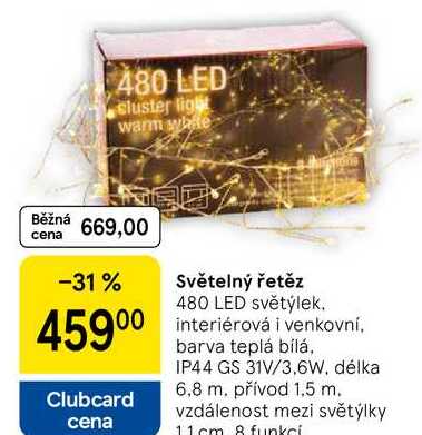 Světelný řetěz, 480 LED světýlek. interiérová i venkovní, barva teplá bílá, IP44 GS 31V/3,6W, délka 6,8 m. přívod 1,5 m. vzdálenost mezi světýlky 11cm 8 funkci