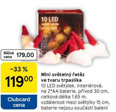 Mini světelný řetěz ve tvaru trpaslíka, 10 LED světýlek, interiérová, na 2*AA baterie. přívod 30 cm. celková délka 1.65 m. vzdálenost mezi světýlky 15 cm, baterie nejsou součástí balení