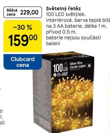 Světelný řetěz, 100 LED světýlek. interiérová, barva teplá bílá na 3 AA baterie, délka 1 m. přívod 0,5 m. baterie nejsou součástí baleni