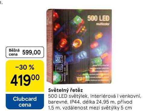 Světelný řetěz, 500 LED světýlek. interiérová i venkovní. barevné, IP44, délka 24.95 m. přívod 1.5 m. vzdálenost mezi světýlky 5 cm