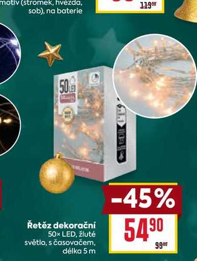 Řetěz dekorační 50x LED, žluté světlo, s časovačem, délka 5 m