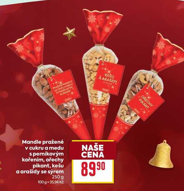 Mandle pražené v cukru a medu s perníkovým kořením, ořechy pikant, kešu a arašídy se sýrem 250 g