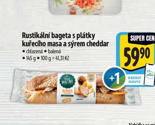 Rustikální bageta s plátky kuřecího masa a sýrem cheddar 145 g