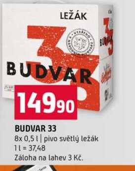 BUDVAR 33 8x 0,5l pivo světlý ležák 