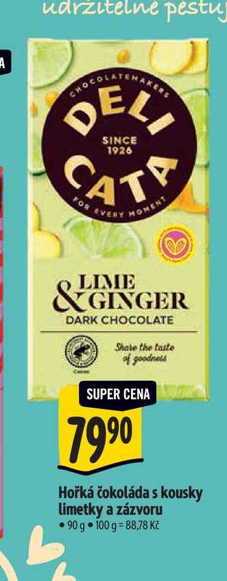  Hořká čokoláda s kousky limetky a zázvoru 90 g 